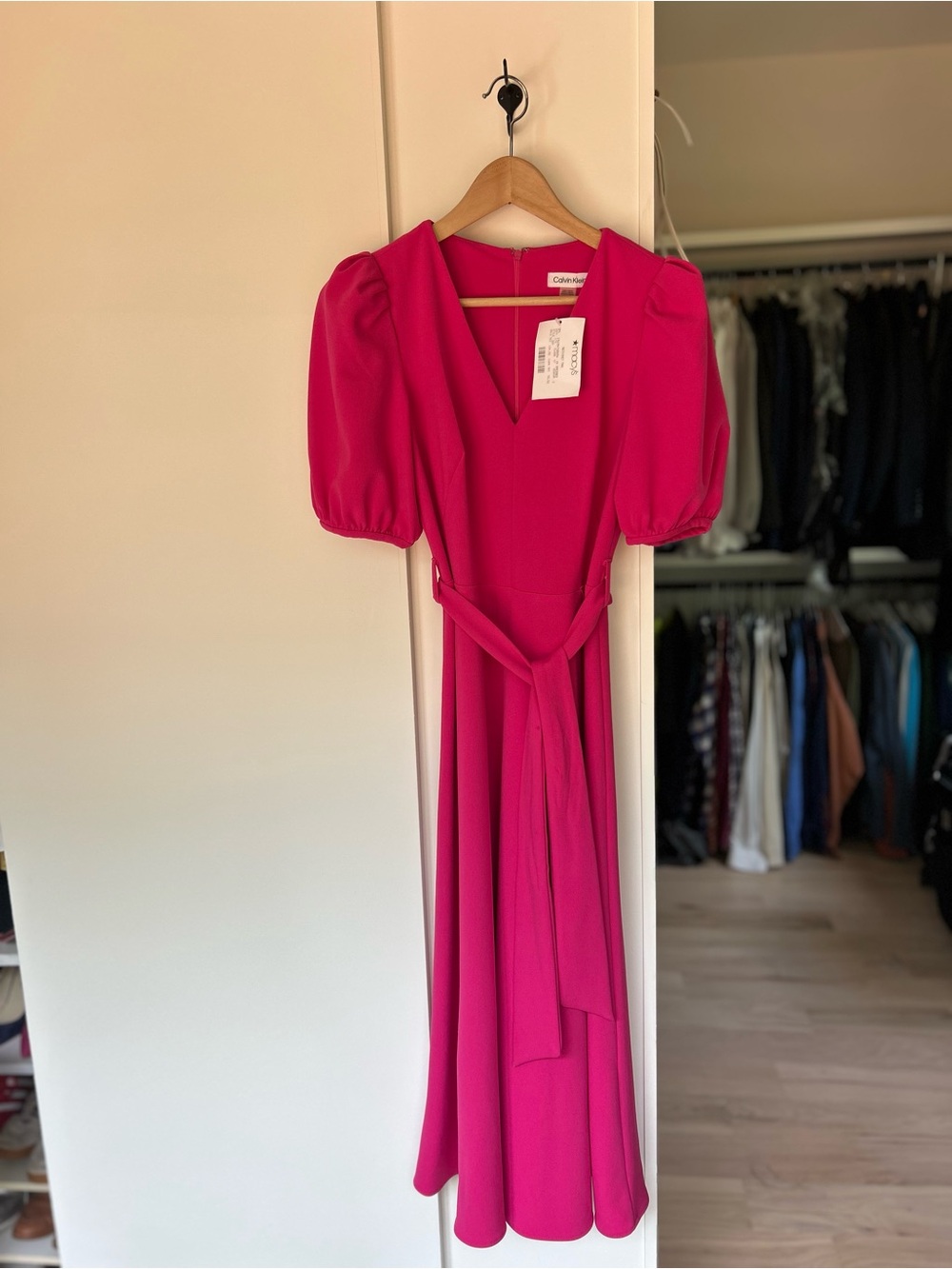 Calvin Klein Magenta Puff-Sleeve Midi Dress with Belt